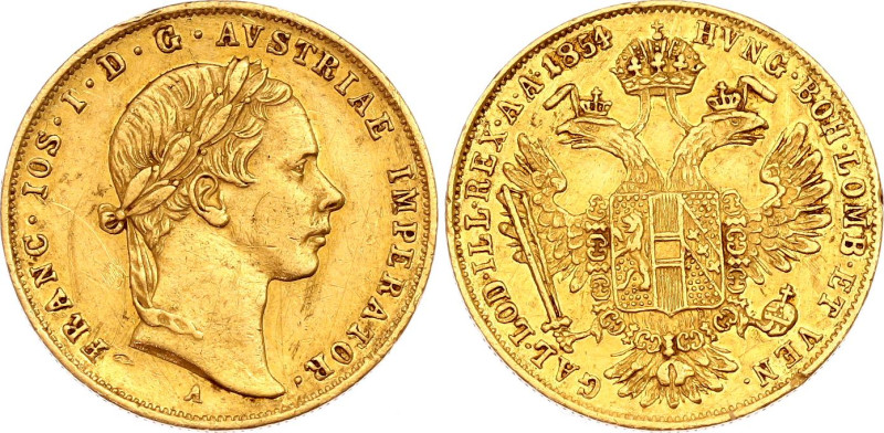 Austria 1 Dukat 1854 A

KM# 2263, N# 33653; Gold (.986) 3.44 g; Franz Joseph I...