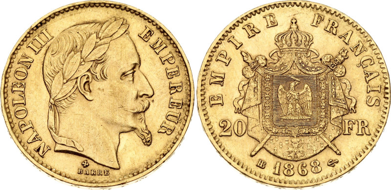 France 20 Francs 1868 BB

KM# 801.2, N# 6718; Gold (.900) 6.45 g.; Napoleon II...