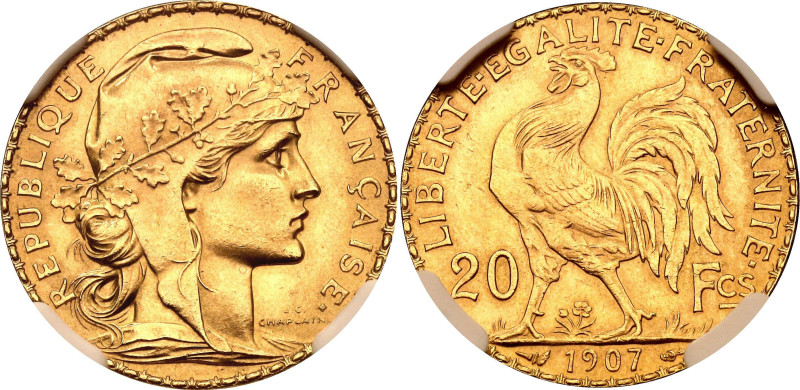 France 20 Francs 1907 NGC MS65

KM# 857, N# 2230; Gold (.900) 6.45 g.; With fu...