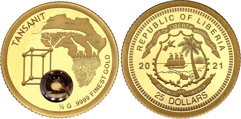Liberia 25 Dollars 2021

Gold (0.999) 0.50 g.; With Tanzanite; UNC