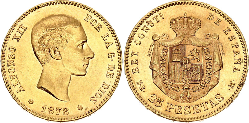 Spain 25 Pesetas 1878 (*1878) DE M

KM# 673, Cal# 4, N# 14830; Gold (0.900) 8....