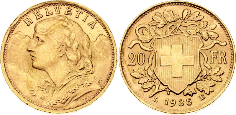 Switzerland 20 Francs 1935 LB

KM# 35.1, N# 7497; Gold (.900) 6.45 g.; "Vrenel...