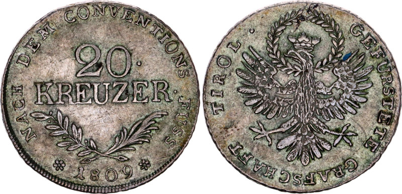 Austrian States Tyrol 20 Kreuzer 1809

KM# 149, N# 33352; Silver 6.68 g; Hall ...