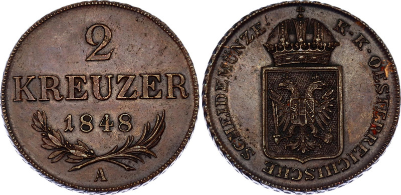 Austria 2 Kreuzer 1848 A

KM# 2188, N# 22368; Copper; Ferdinand I; Vienna Mint...