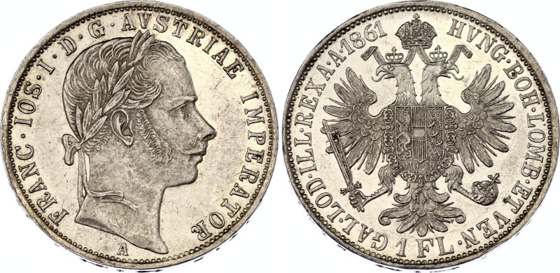 Austria 1 Florin 1861 A

KM# 2219, N# 7004; Silver., Prooflike; Franz Joseph I...