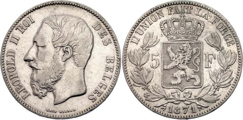Belgium 5 Francs 1871

KM# 24, N# 276; Silver 24.90 g.; Leopold II; Brussels M...