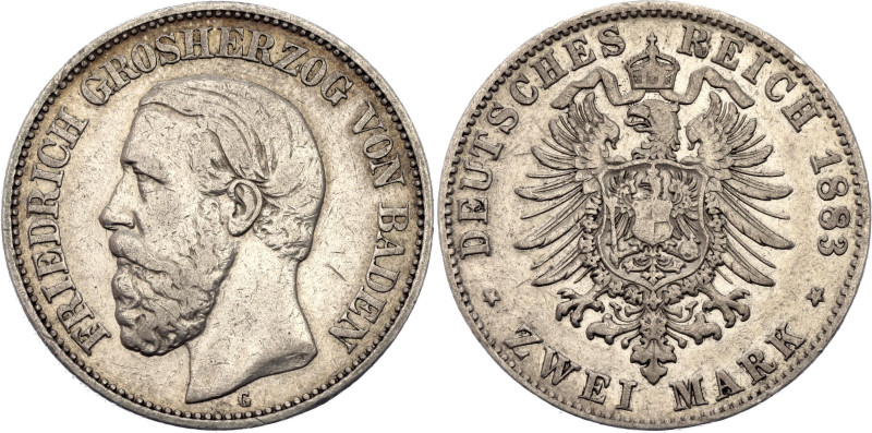 Germany - Empire Baden 2 Mark 1883 G

KM# 265, AKS# 153, J# 26, N# 15300; Silv...