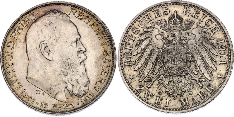 Germany - Empire Bavaria 2 Mark 1911 D

KM# 997, J# 48, N# 20687; Silver 11.11...