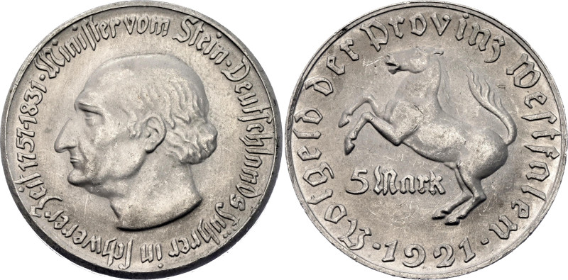 Germany - Weimar Republic Westphalia 5 Mark 1921

Funck# 599.3, N# 36653; Alum...