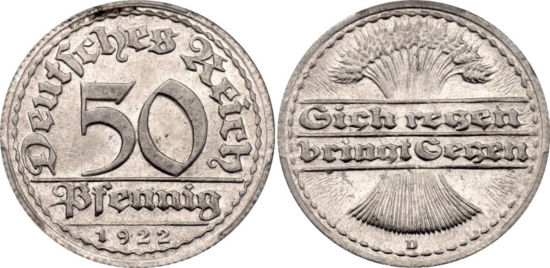 Germany - Weimar Republic 50 Pfennig 1922 D PCGS MS65

KM# 27, N# 2729; Alumin...