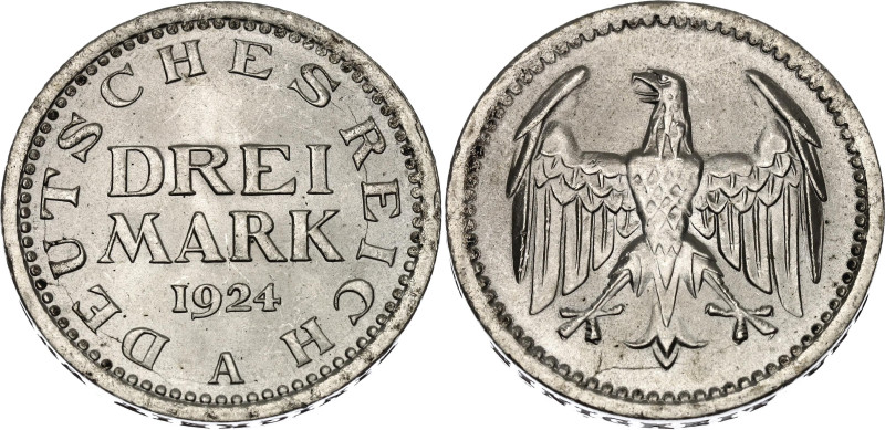 Germany - Weimar Republic 3 Mark 1924 A

KM# 43, N# 15886; Silver 14.97 g.; Be...