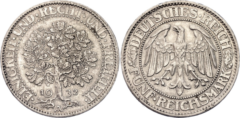 Germany - Weimar Republic 5 Reichsmark 1932 A

KM# 56, N# 15888; Silver 24.91 ...