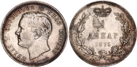 Serbia 1 Dinar 1875

KM# 5, N# 27311; Silver 4.99 g; Milan Obrenović IV; AUNC with nice patina. Rare in this condition