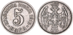 Serbia 5 Para 1912

KM# 18; Copper-nickel; Milan I; XF+