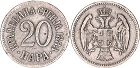 Serbia 20 Para 1883

KM# 20; Copper-nickel; Milan I; VF+