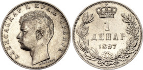 Serbia 1 Dinar 1897

KM# 21, N# 15749; Silver 5 g.; Alexander I; XF+, mint luster remains