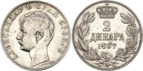 Serbia 2 Dinara 1897

KM# 22, N# 15750; Silver 10.00 g.; Alexander I; AUNC/UNC