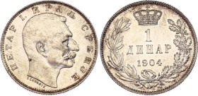 Serbia 1 Dinar 1904

KM# 25.1, N# 19683; Medal alignment; Silver 4.99 g; Peter I; UNC with minor hairlines & nice toning