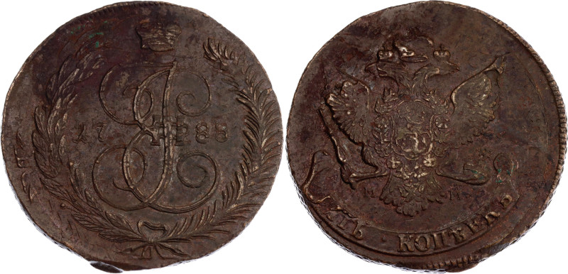 Russia 5 Kopeks 1788 MM Overstike

Bit# 528, N# 91400; Copper 47.49 g; XF+