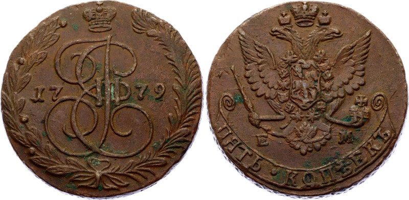 Russia 5 Kopeks 1779 EM

Bit# 630, N# 8257; Eagle of 1780-1787; Copper 46.95 g...