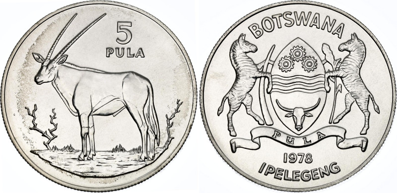Botswana 5 Pula 1978

KM# 11, N# 46476; Silver 28.30 g, Proof; Gemsbok; UNC