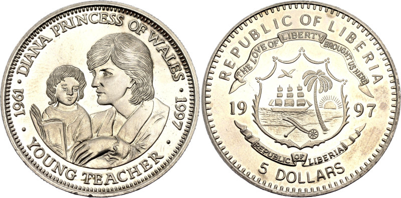 Liberia 5 Dollars 1997

KM# 464, N# 191363; Copper-nickel., Proof; Princess Di...