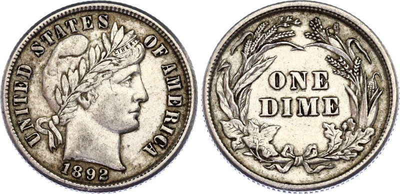 United States 1 Dime 1892

KM# 113, Schön# 120, N# 5830; Silver 2.51 g.; Barbe...
