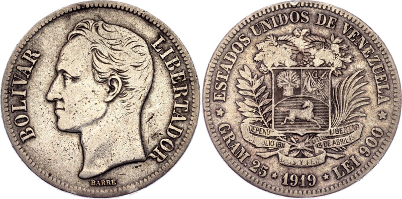 Venezuela 5 Bolivares 1919

Y# 24.2, N# 10340; Silver 24.70 g.; XF