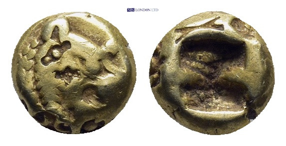 LYDIA. Kroisos, 561-546 B.C. EL Hemihekte (1/12 Stater) (7mm, 1.17 g), Lion's he...