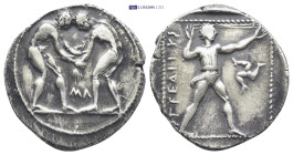 PAMPHYLIA. Aspendus. Ca. 370-330 BC. AR stater (23mm, 10.7 g). Two nude wrestlers grappling, MΛ between / Slinger advancing right, drawing sling taut ...