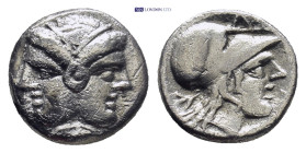 Mysia, Lampsakos. c.390-330 BC. Diobol AR (11mm-1.29 gr). Janiform female head, with circular earring / [ΛΑ]-Μ; helmeted head of Athena right .