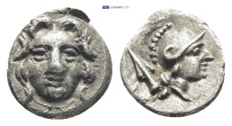 PISIDIA, Selge. Circa 250-190 BC. AR Obol (9mm, 0.83 g). Facing gorgoneion / Helmeted head of Athena right; spearhead and astralagos behind.