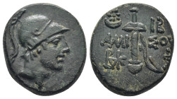 Pontos, Amisos, AE, (19 mm, 8.4 g), Time of Mithradates VI Eupator,Circa 105-90 or 90-85 BC. Obv: Helmeted head of Athena right. Rev: AMI – ΣOY, Sword...