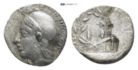 AEOLIS, Elaia. 4th-3rd centuries BC. AR Diobol (10mm, 1.14 g) Helmeted head of Athena left / Laurel wreath within incuse square.
