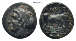 AEOLIS. Larissa Phrikonis. Ae (12mm, 1.3 g) (Circa 4th century BC). Obv: Female head left, with hair in sakkos. Rev: ΛΑΡΙΣΑ. Bull standing right....