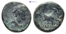 Aiolis, Aigai Æ (12mm, 2.6 g). Circa 2nd - 1st centuries BC. Head of Hermes to right, wearing petasos / AIΓAEΩN, forepart of goat to right; monograms ...
