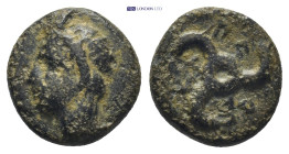 DYNASTS of LYCIA. Perikles. Circa 380-360 BC. Æ (12mm, 2.2 g). Horned head of Pan left / P -PE-K around triskeles.
