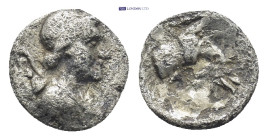 IONIA, Ephesos. Circa 245-202 BC. AR Obol (8mm, 0.4 g). Draped bust of Artemis right, quiver at shoulder / Forepart of stag kneeling left, head right.