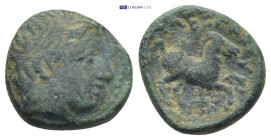 KINGS OF MACEDON. Philip II (359-336 BC). Ae. (4.1 g. 16mm). Uncertain mint in Macedon. Obv: Diademed head of Apollo right. Rev: Youth on horse rearin...