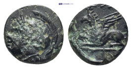 TROAS. Assos. Ae (10mm, 1.36 g) (Circa 400-241 BC). Obv: Helmeted and laureate head of Athena left. Rev: AΣΣI. Griffin seated left.