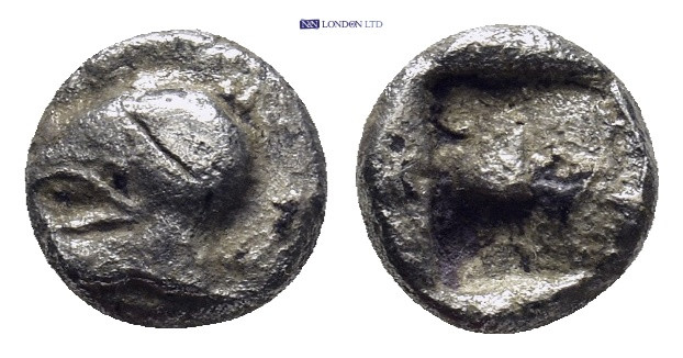 Troas. Neandria circa 480-450 BC. Obol AR (7mm, 0,5 g) Helmet to left / Quadripa...