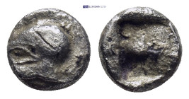 Troas. Neandria circa 480-450 BC. Obol AR (7mm, 0,5 g) Helmet to left / Quadripartite incuse square.