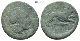 Kings of Thrace (Macedonian). Lysimachos, AE, (Bronze, 5.3 g 20mm), 305-281 BC. Lysimacheia. Obv: Helmeted head of Athena right. Rev: ΒΑΣΙΛΕΩΣ / ΛΥΣΙΜ...