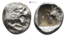 CARIA, Mylasa(?). Circa 520-490 BC. AR Obol(?) (0.8 Gr. 8mm.) Forepart of lion left Rev. Rough incuse square.