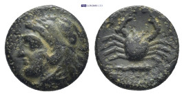CARIA. Kos. Ae (11mm, 1.4 g) (Circa 250-210 BC). Uncertain, magistrate. Obv: Head of Herakles left, wearing lion skin. Rev: Crab; below, club right.