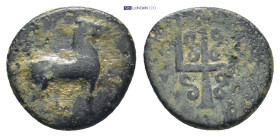 CARIA. Mylasa. Ae (13mm, 1.5 g) (3rd-2nd centuries BC). Obv: Horse walking right. Rev: Decorated trident.