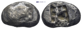 Caria, Uncertain (Mylasa?) AR Stater. (22mm, 10.58 g)Circa 510-490 BC. Forepart of lion to right; monogram on shoulder / Divided incuse punch.