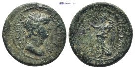 IONIA. Smyrna. Nero (54-68 AD). AE Bronze (18mm 3.13 g) Obv: NЄPΩNA CЄBACTON Laureate head of Nero to right. Rev: NЄIKH ΠΟΠAIA ΣMYP Poppaea, as Nike, ...