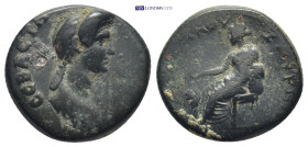 Ionia, Smyrna AE (18mm, 4.9 g) Domitian for Julia Titi (Augusta) Magistrate: Lucius Mestrius Florus (proconsul), Issue: c. AD 87/8
Obv: ΙΟΥΛΙΑ ϹΕΒΑϹΤ...