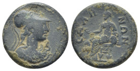 LYDIA. Sala. Pseudo-autonomous. Time of Trajan (98-117). Ae. (18mm, 4.78 g) Obv: Helmeted bust of Athena (or Roma) right, wearing aegis. Rev: CAΛΗΝΩΝ....